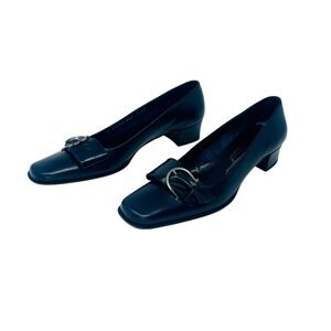 Salvatore Ferragamo Gigliola Mignight Navy Square Toe Buckle US 7.5 4A Narrow